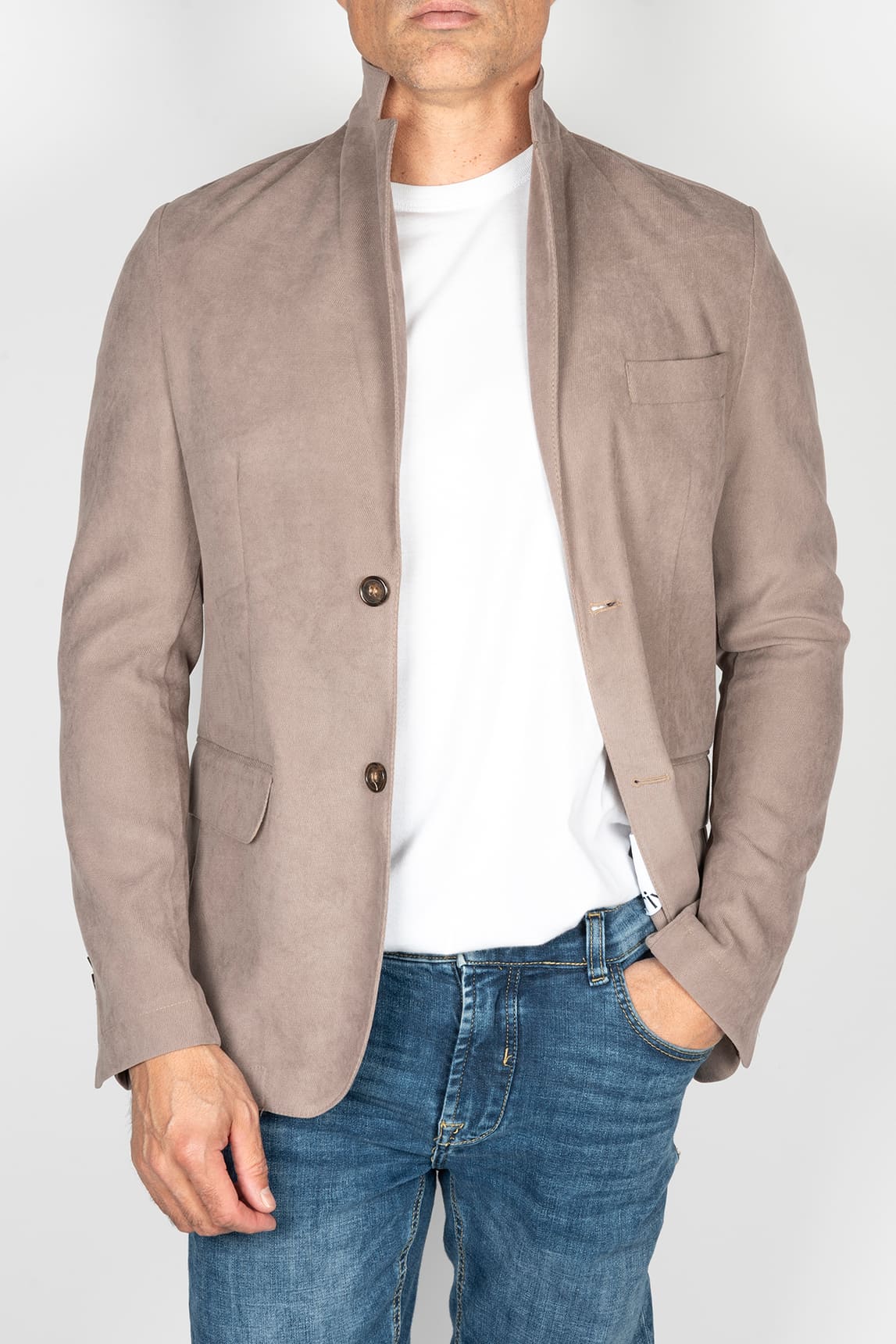 Rivera-Spanien Taupefarbener Blazer mit Wildledereffekt