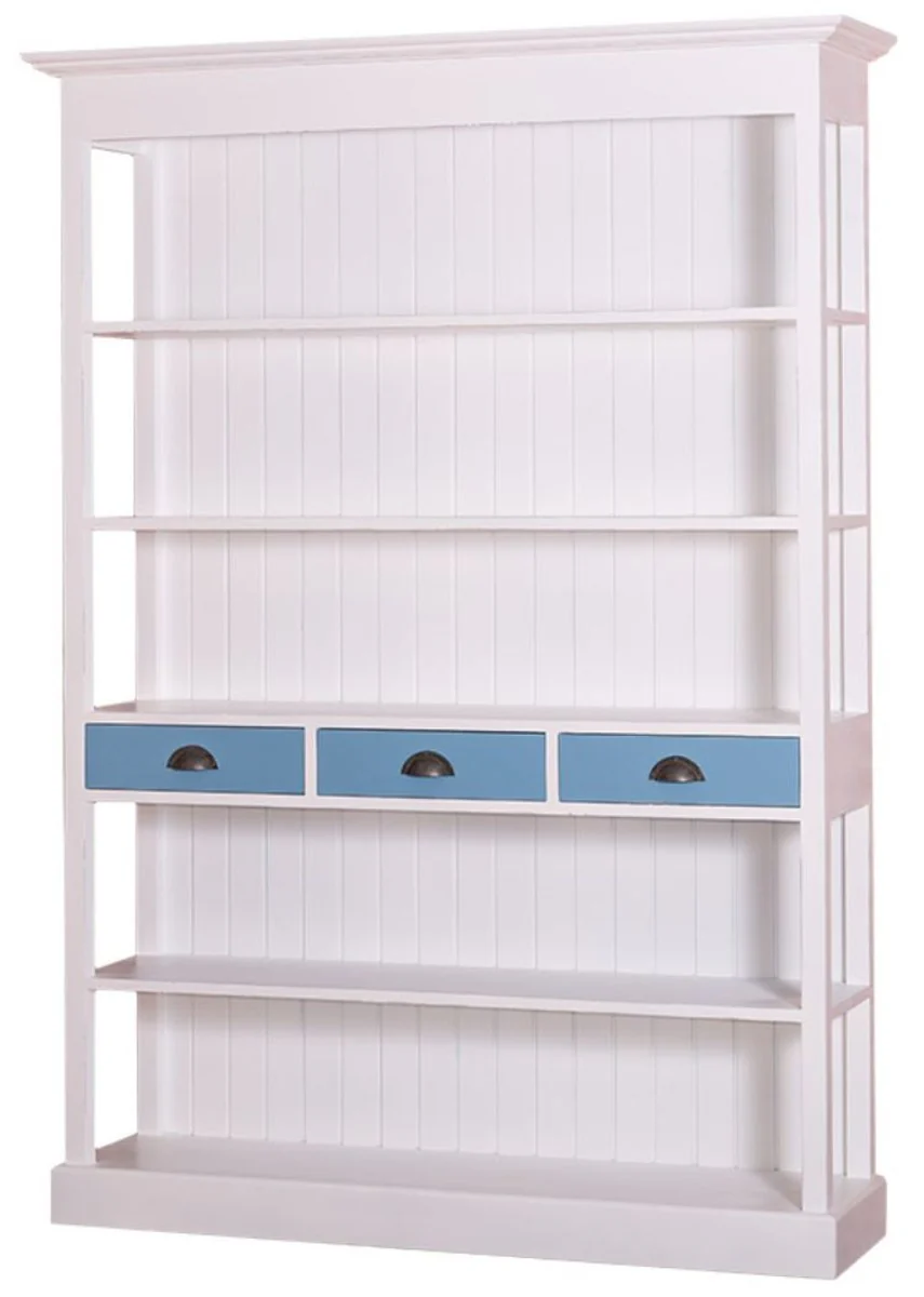 Country house style shelf cabinet white / blue 140 x 39 x H. 197 cm - country house style cabinet with 3 drawers