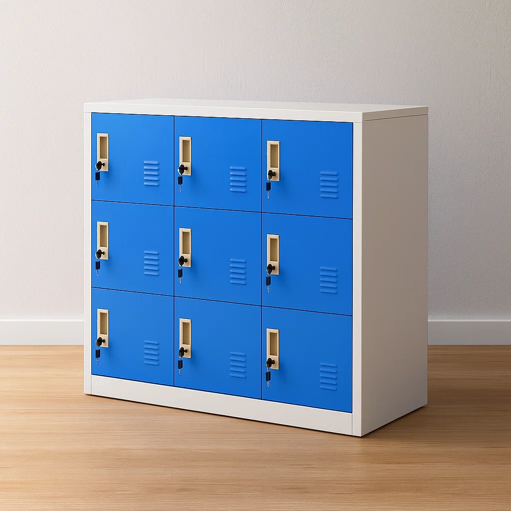 Spind mit 9 Fächern, blau und stahlgrau, für Schule und Beruf, 90 × 45 × 92,5 cm - UxxD7heBeX1N