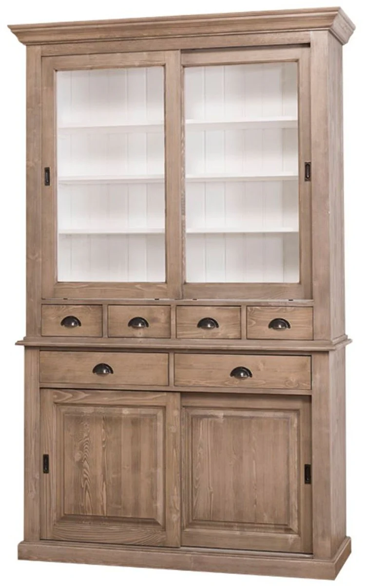 Country house style kitchen cabinet brown / white 142 x 48 x H. 225 cm - 2-part kitchen cabinet with 4 sliding doors and 6 drawers