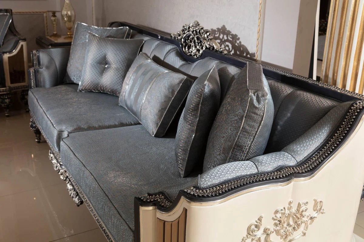 Luxury Baroque Sofa Light Blue / Beige / Black / Gold - Magnificent Living Room Sofa with Elegant Pattern - Baroque Living Room & Hotel Furniture - Noble & Magnificent