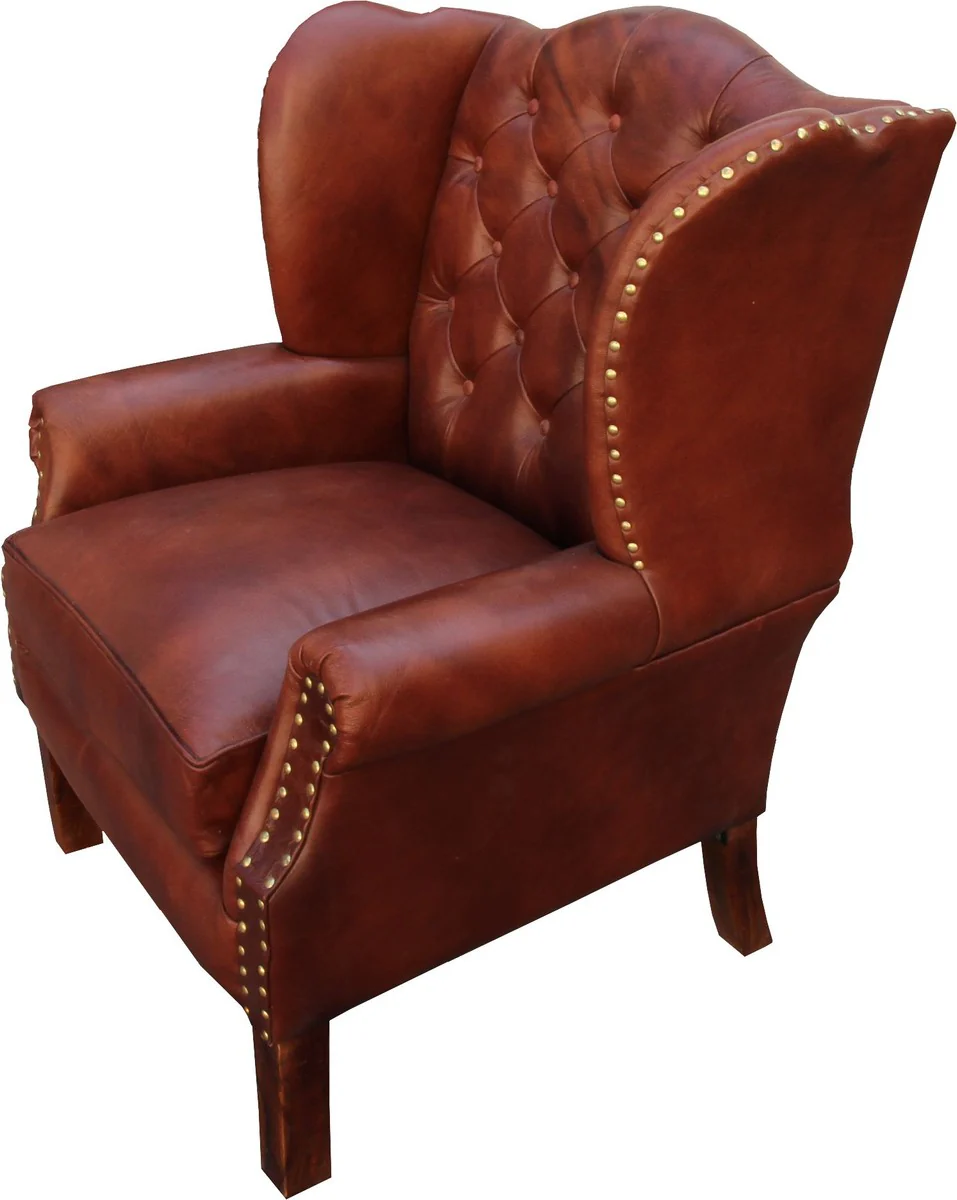Luxury genuine leather Chesterfield wing chair brown 72 x 65 x H. 103 cm - Hotel furniture ears chair leather