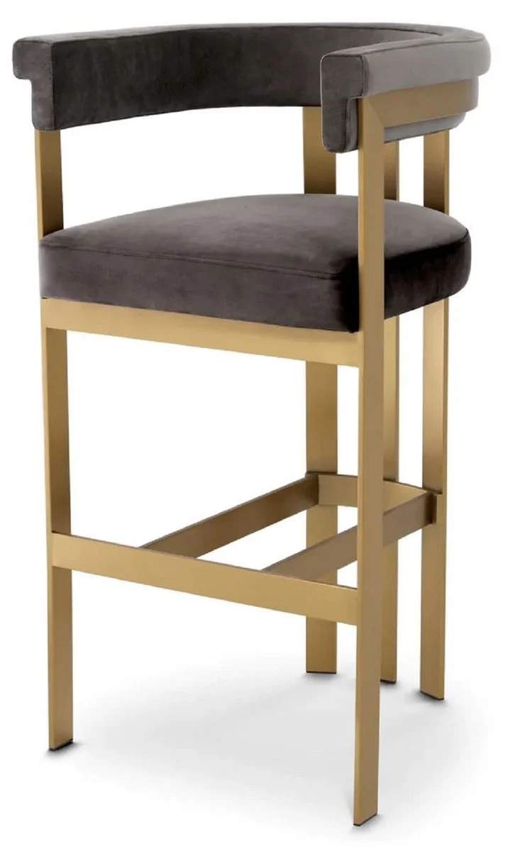 Luxury velvet bar chair with armrests gray / brass 56 x 56 x H. 104 cm - Padded bar stool - Bar furniture - Luxury furniture - Luxury quality