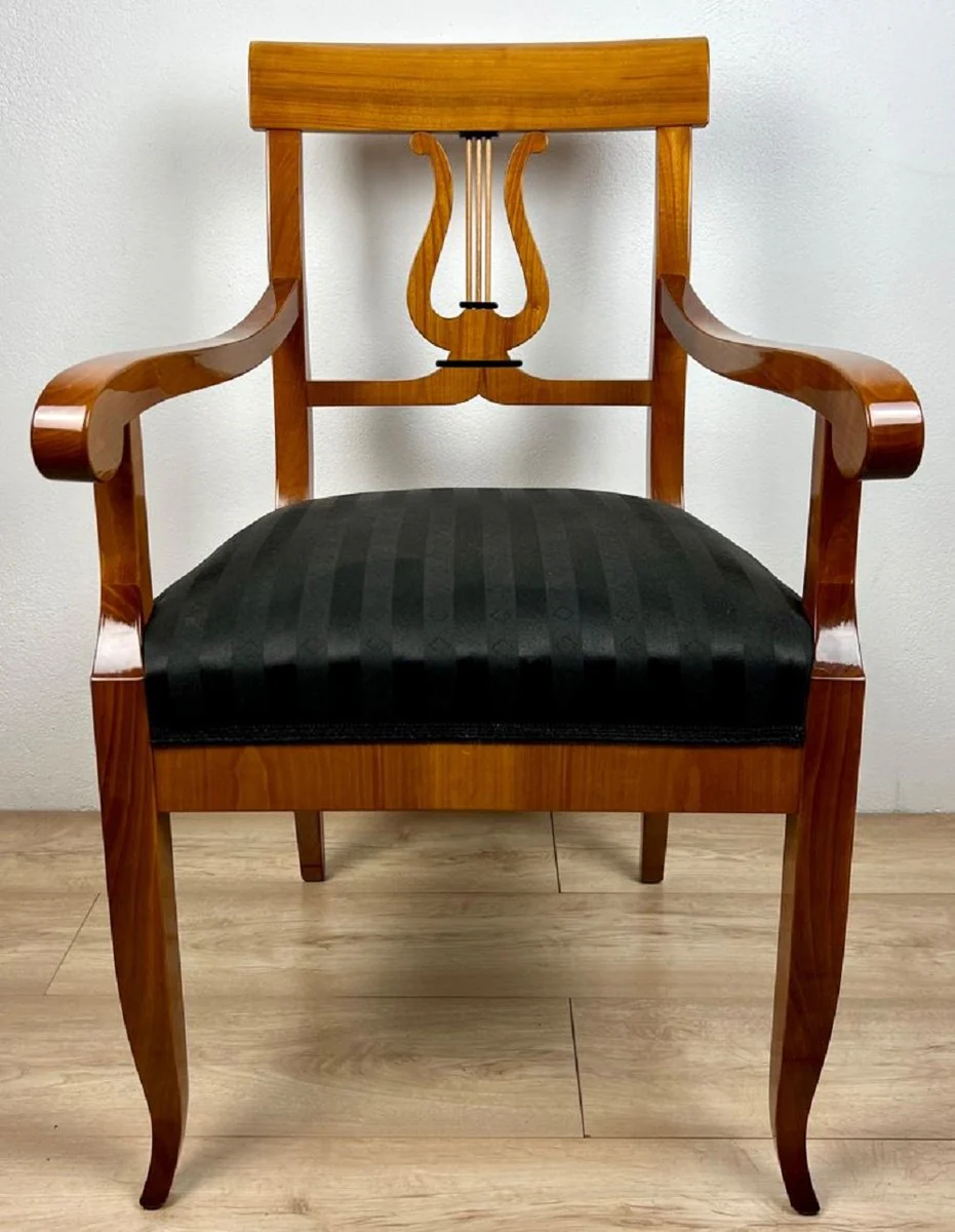 Luxury Biedermeier dining room chair with armrests and stripes brown / black 58 x H. 90 cm - Solid wood kitchen chair - Solid wood dining room furniture - Biedermeier dining room furniture
