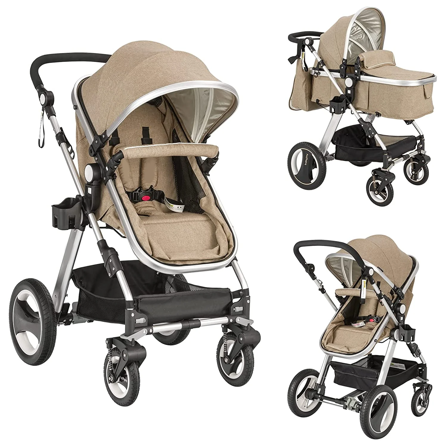 Kinderwagen, 2-in-1 umwandelbarer Liegewagen mit Stubenwagen, faltbarer Kinderwagenwagen mit 5-Punkt-Gurt, inklusive Getränkehalter, Fußabdeckung, Wickeltasche, Aluminiumstruktur, Khaki