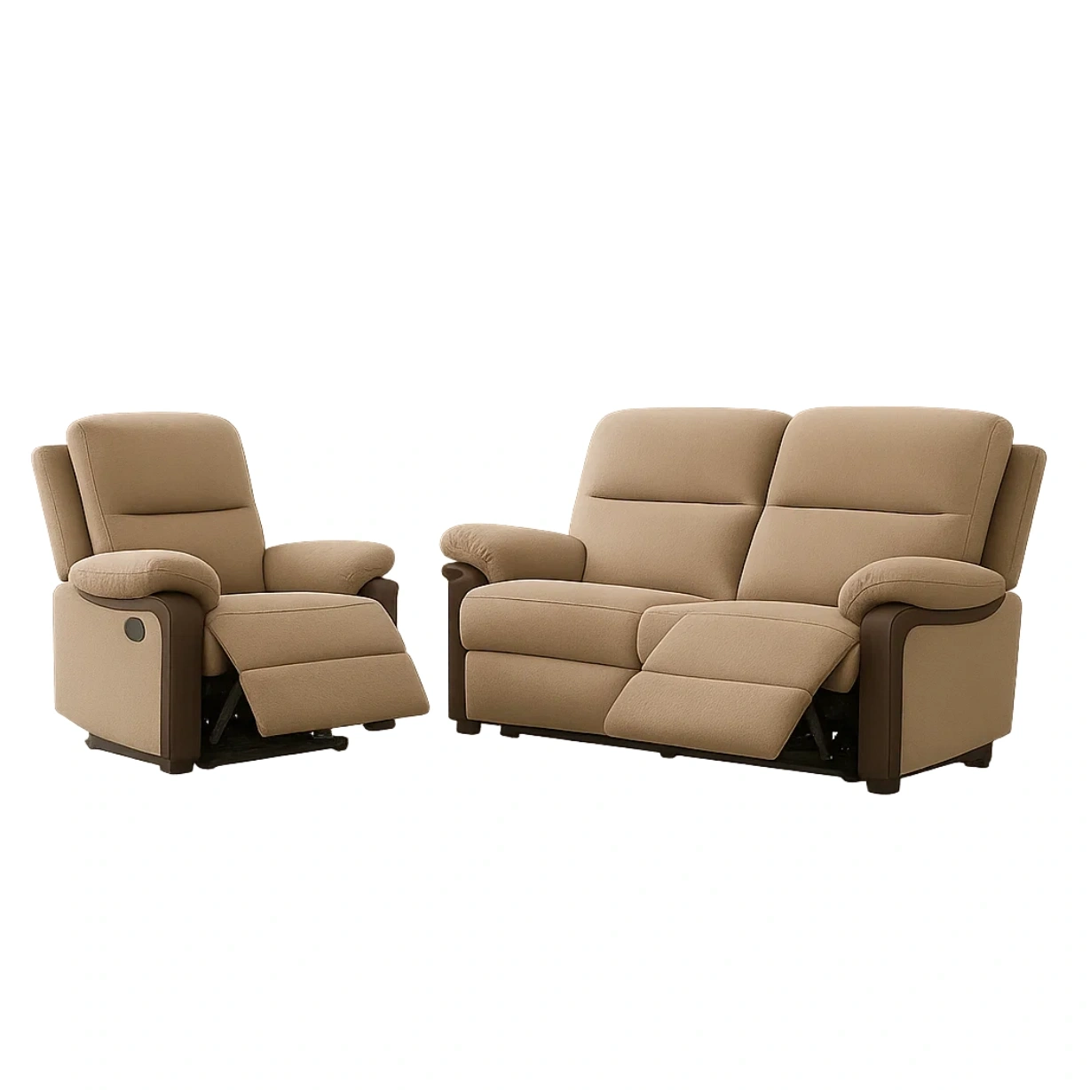 3-Sitzer-Sofagarnitur, Stoff und Holz, beige, verstellbare Sitzfläche, mit ausklappbarer Fußstütze, Sessel 85 x 95 x 102 cm, Sofa 150 x 95 x 102 cm, für das Wohnzimmer - 6IBG9ccv8gFl