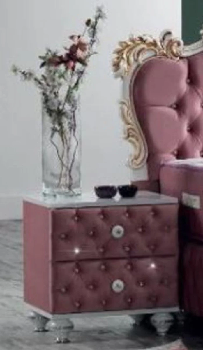 Baroque bedside table with rhinestones and 2 drawers pink / white / silver 50 x 50 x H. 50 cm - Side table in baroque style - Baroque bedroom furniture