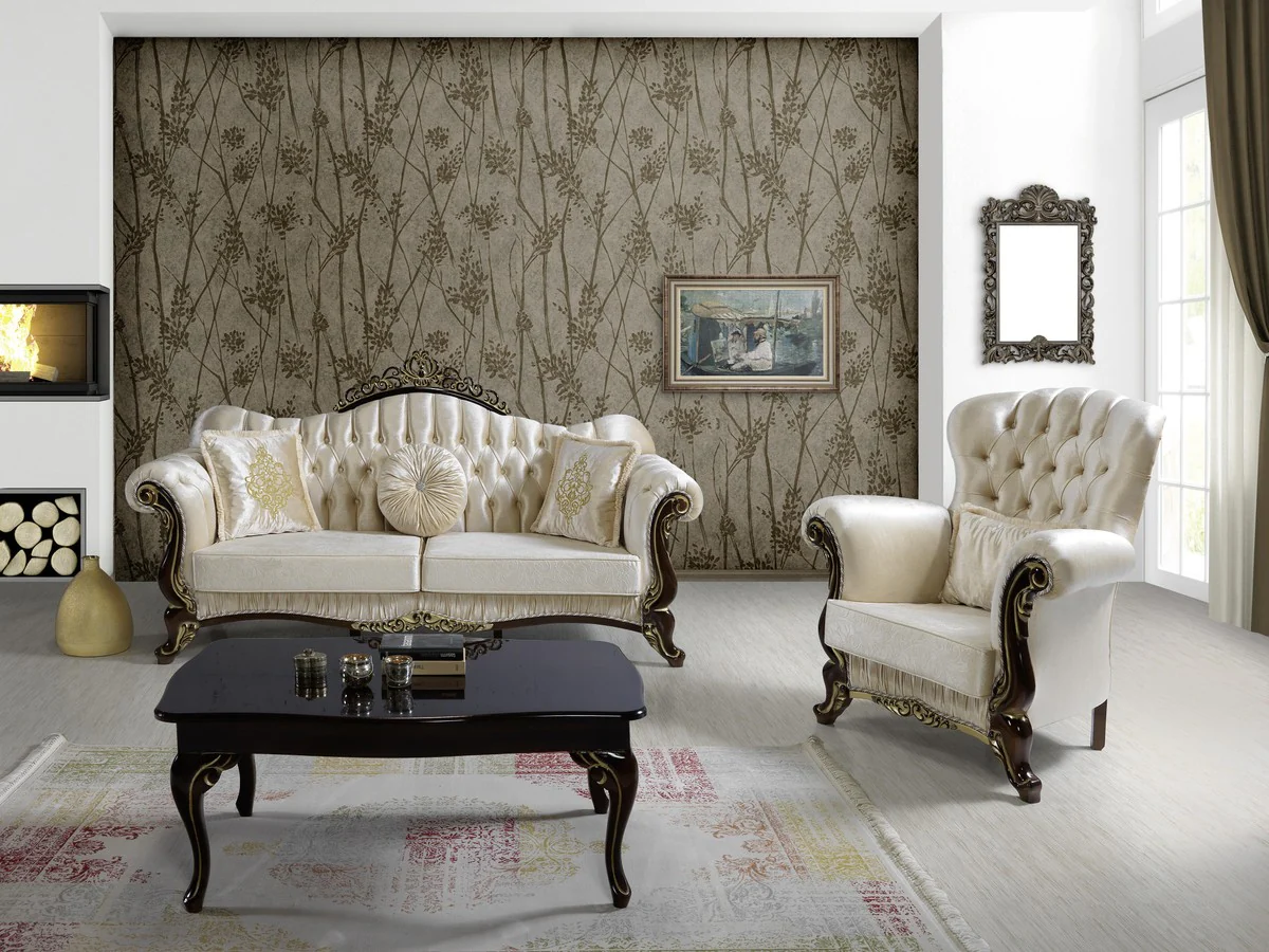 Baroque living room sofa with glittering stones champagne colors / black / gold 224 x 83 x H. 112 cm - Noble living room furniture in the baroque style