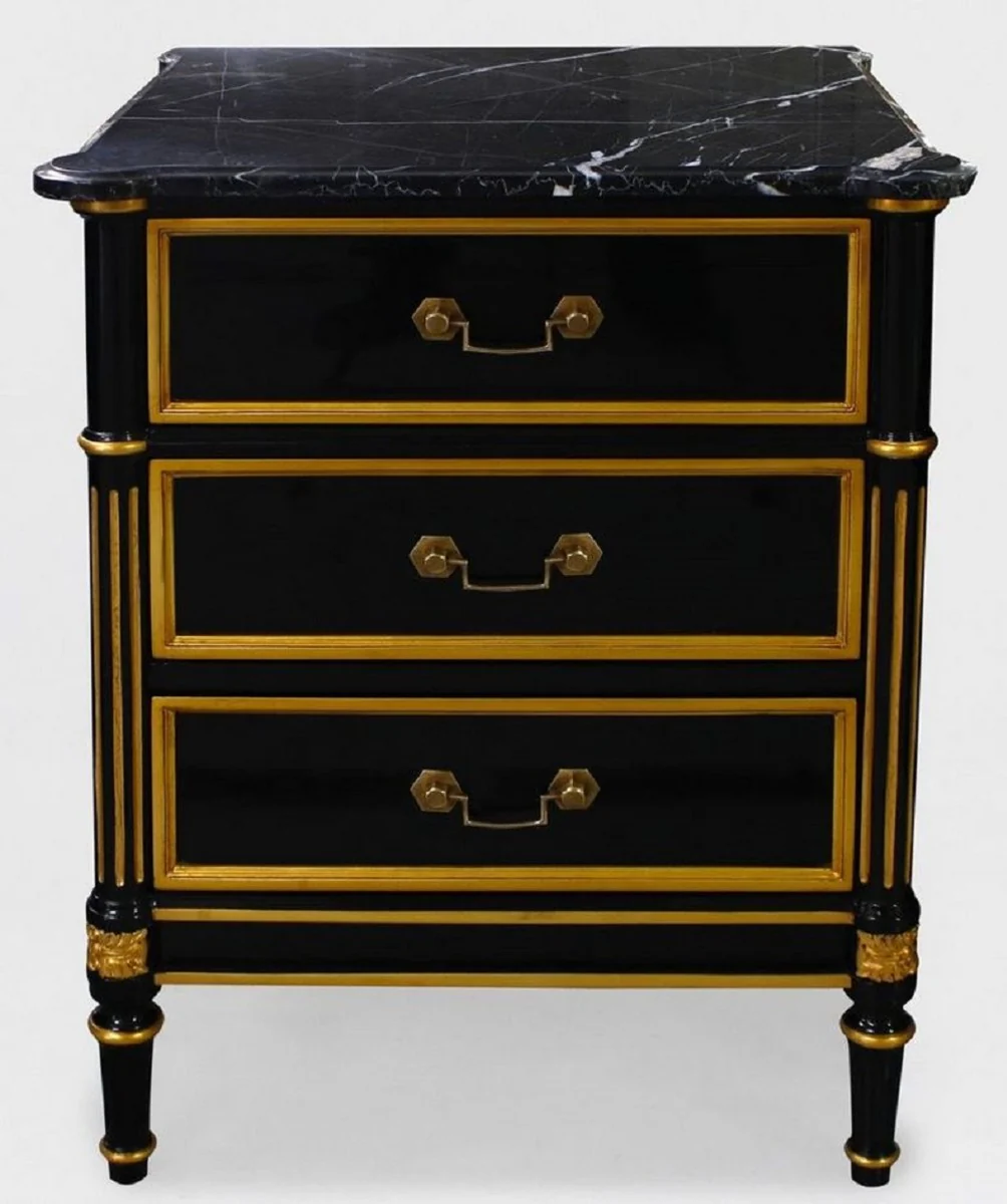 Luxury Baroque night dresser black / gold - Baroque mahogany bedside table with 3 drawers and marble top - Baroque bedroom furniture - Luxury furniture in Baroque style - Noble & magnificent