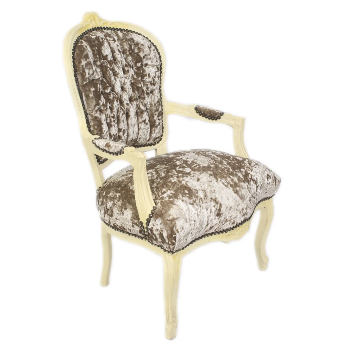 Baroque Salon Chair Khaki Velor Fabric / Cream - Antique Design Furniture
