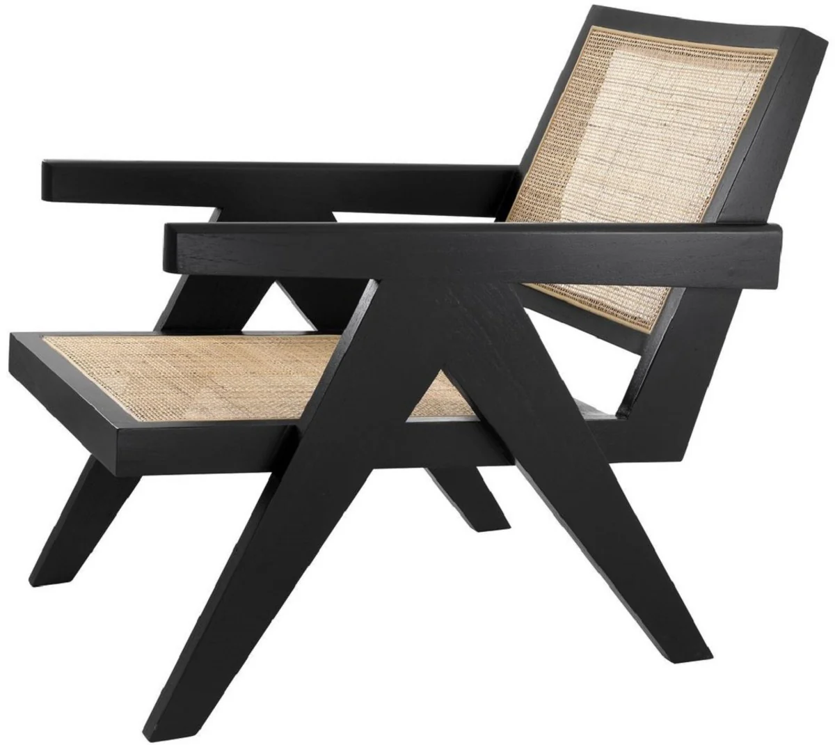 Designer chair black / natural colors 58 x 82 x H. 70 cm - solid wood chair with armrests and hand-woven rattan weave - luxury living room furniture