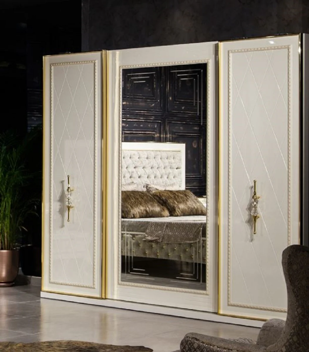 Luxury Baroque Bedroom Wardrobe White / Gold - Mirrored Solid Wood Wardrobe in Baroque Style - Baroque Bedroom Furniture - Noble & Magnificent