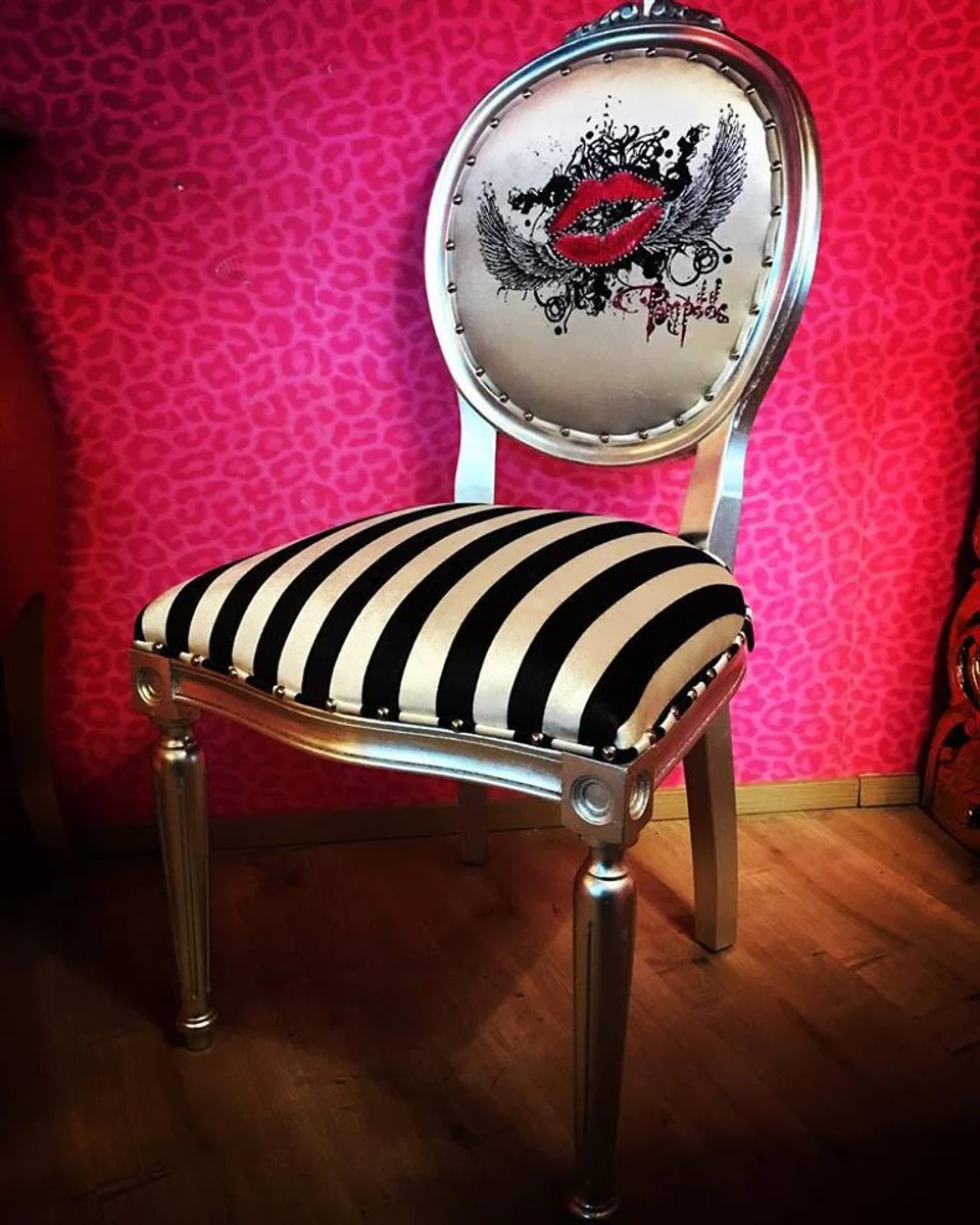 Pompöös by Luxury Baroque Dining Room Chair Black / White Stripes / Silver - Pink Lips - Pompööser Baroque Chair designed by Harald Glööckler