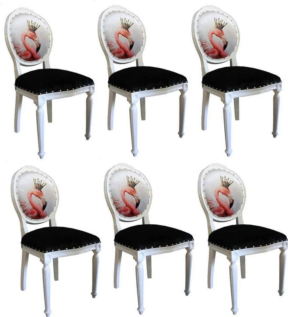 Luxury baroque dining room set flamingo with crown white / black / multicolored 48 x 50 x H. 98 cm - 6 handmade dining chairs with bling bling glitter stones - baroque dining room furniture