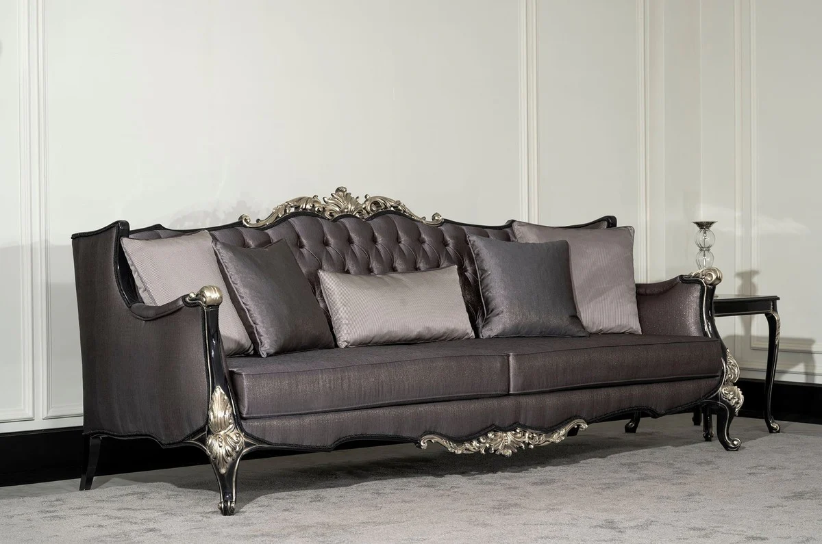 Luxury Baroque Living Room Sofa Purple / Black / Silver - Magnificent Baroque Style Sofa with Decorative Pillows - Luxury Living Room Furniture in Baroque Style - Baroque Furniture