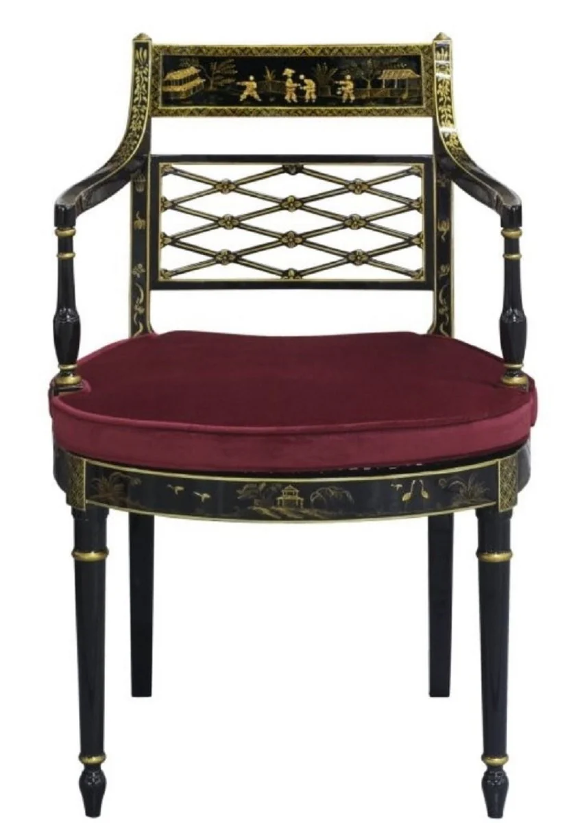 Luxury baroque dining chair with armrests black / gold / burgundy 57 x 58 x H. 90 cm - dining room furniture