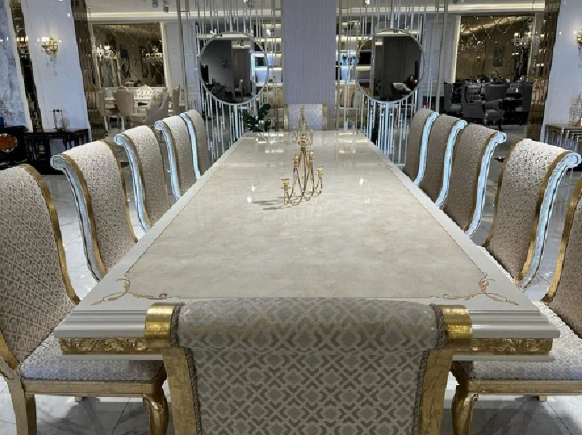 Luxury Baroque Dining Room Set Cream / White / Gold - 1 Huge Baroque Dining Table & 14 Baroque Dining Room Chairs - Baroque Dining Room Furniture - Luxury Furniture in Baroque Style - Noble & Magnificent