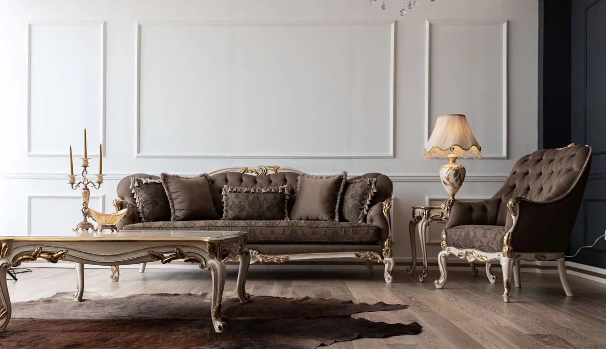 Luxury Baroque Sofa Brown/Cream/White/Gold - Handmade Living Room Sofa - Baroque Living Room Furniture