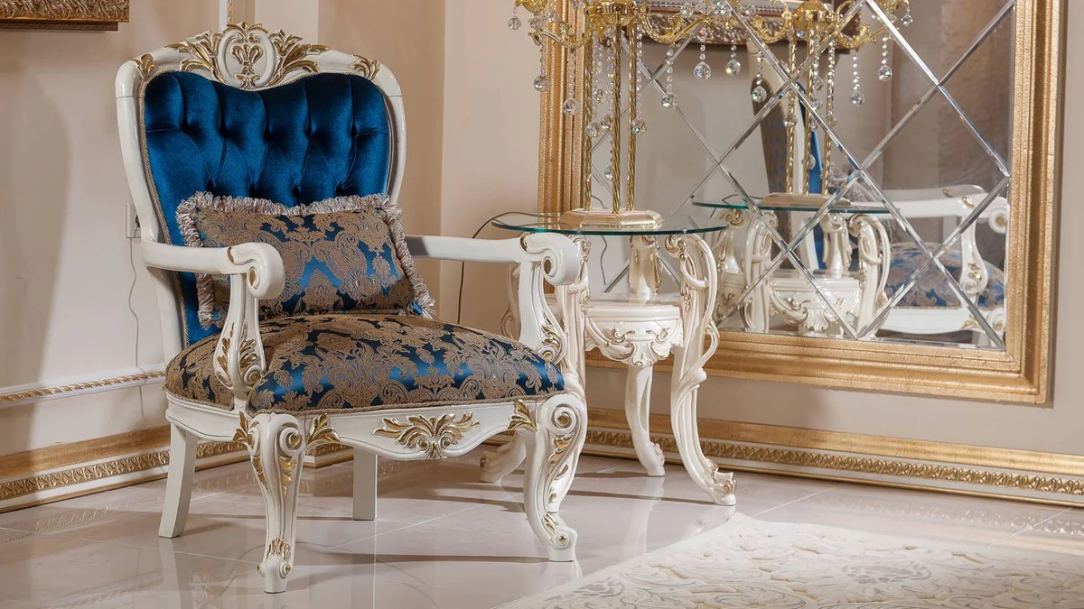 Luxury baroque living room set blue / brown / white / gold - 2 baroque sofas & 2 baroque armchairs & 1 baroque coffee table - living room furniture in baroque style - baroque furniture - baroque furnishings