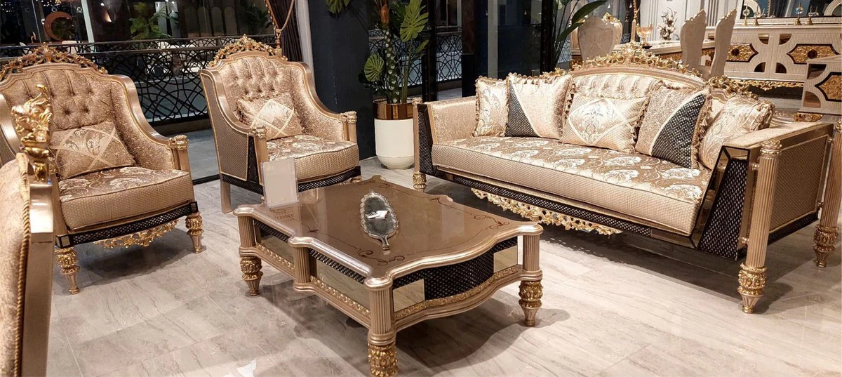 Luxus Barock Wohnzimmer Set Gold / Schwarz / Grau / Gold - 2 Barock Sofas & 2 Barock Sessel & 1 Barock Couchtisch - Luxus Wohnzimmer Möbel im Barockstil - Barock Möbel