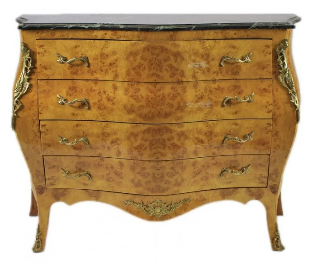 Baroque chest of drawers in maple color with green marble top - Louis XIV Empire chest of drawers