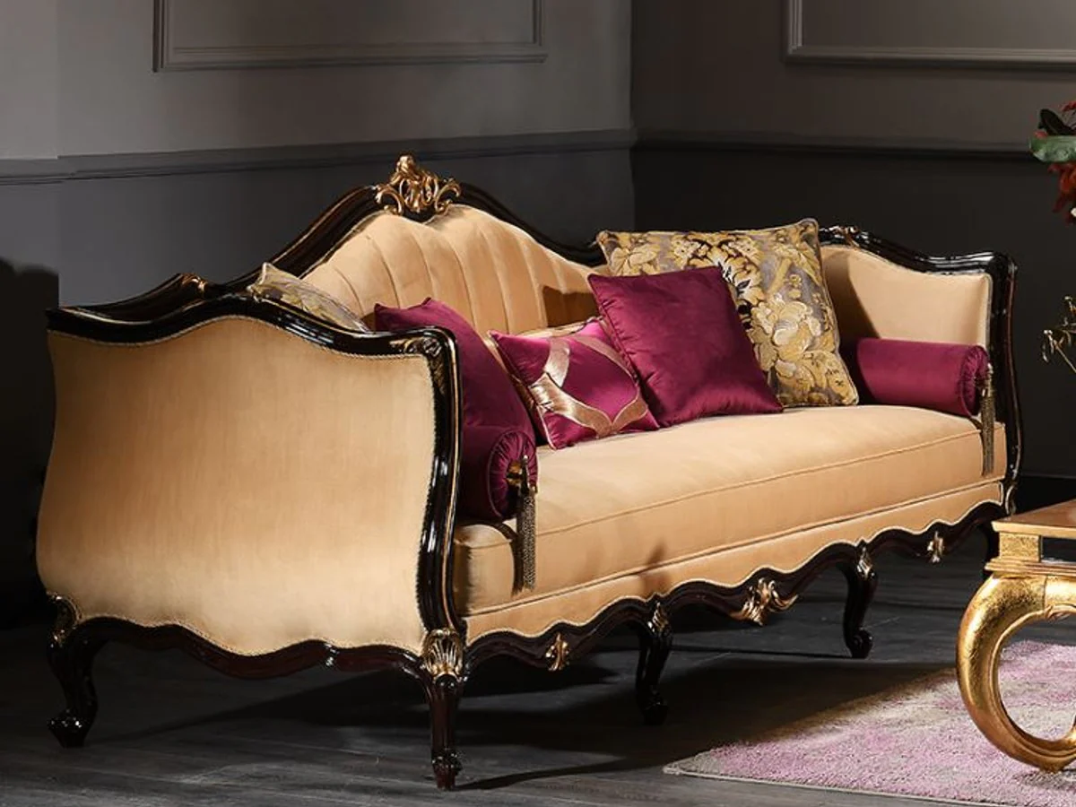 Luxury baroque sofa beige / black / gold 250 x 110 x H. 90 cm - magnificent living room sofa - baroque furniture