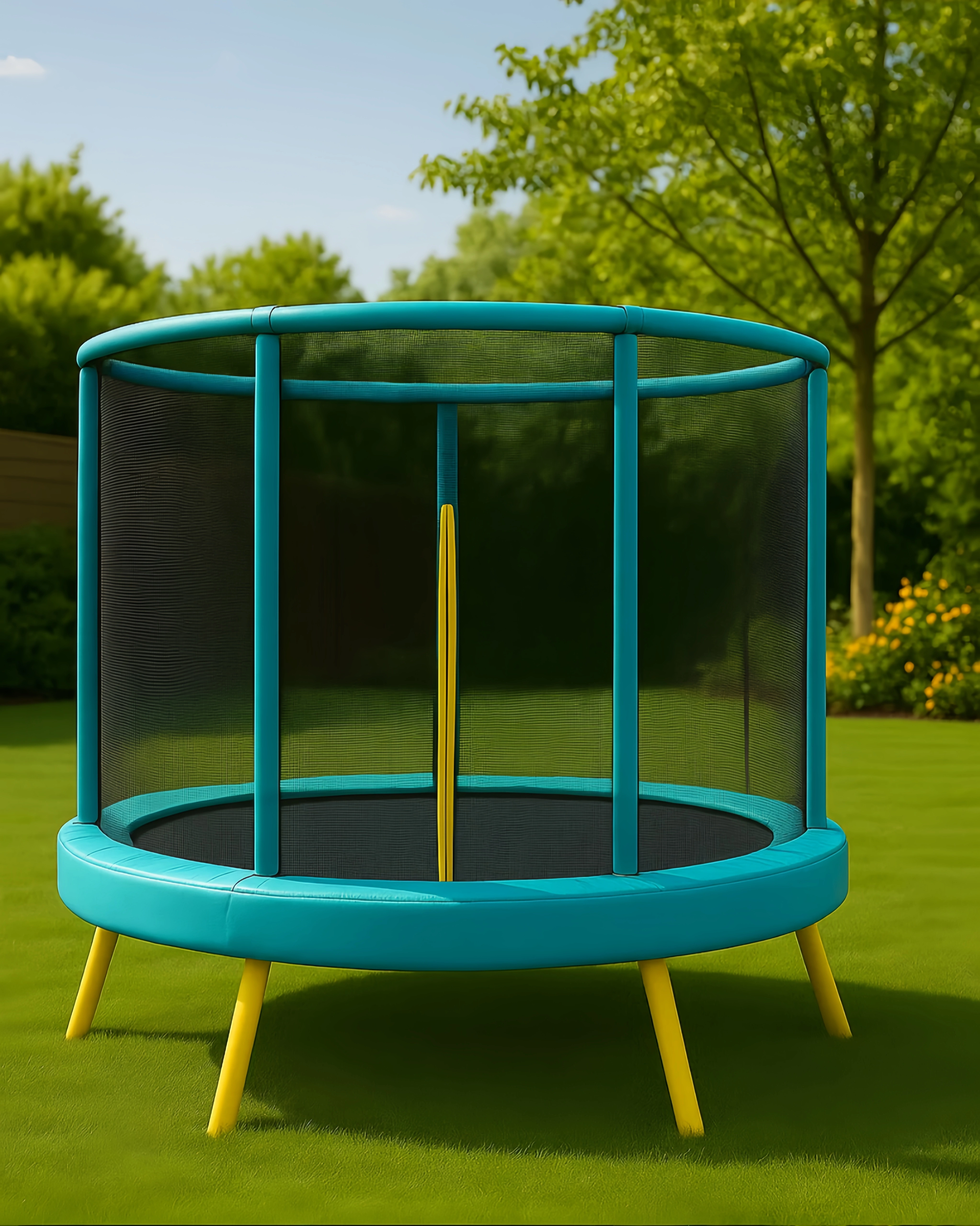 Grünes Kindertrampolin mit gelben Stahl- und PVC-Beinen für den Garten, 150 x 150 x 125 cm, pcHfwRI104vz
