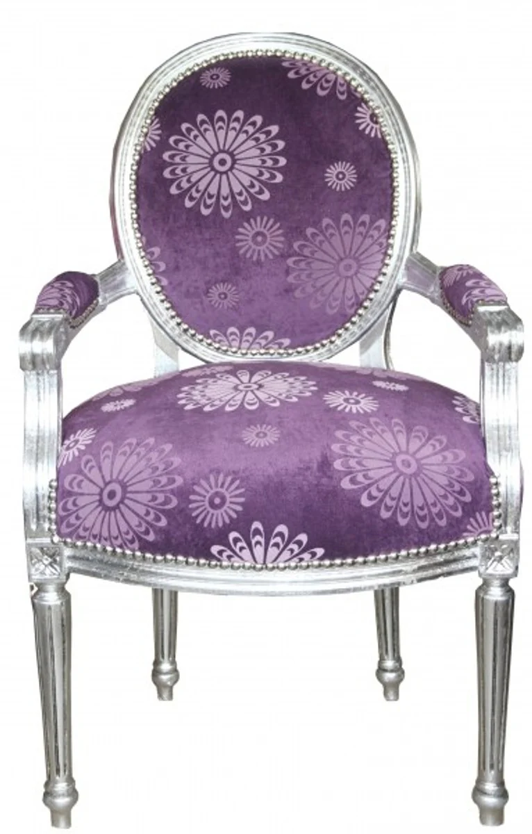 Luxury Baroque Salon Chair Purple Flower Pattern / Silver Mod2 Round Furniture