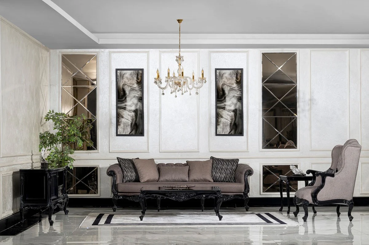 Luxury Baroque Living Room Sofa Gray / Black - Handmade Baroque Style Sofa with Decorative Pillows - Luxury Living Room Furniture in Baroque Style - Baroque Furniture - Noble & Magnificent