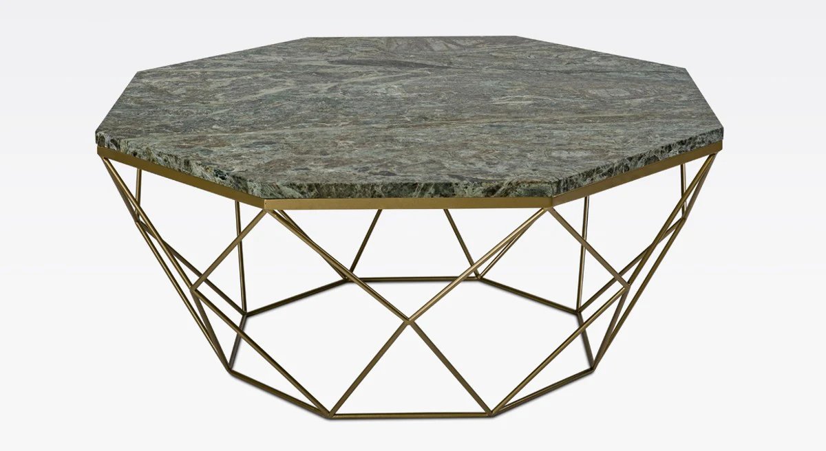Luxury coffee table gold / green 92 x 92 x H. 40 cm - octagonal living room table with marble top and metal frame - modern living room furniture