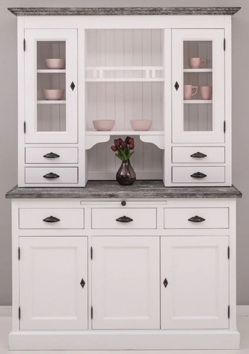 Country house style kitchen cabinet white / dark gray 138 x 50 x H. 197 cm - 2-part kitchen cabinet with 5 doors and 7 drawers - country house style kitchen furniture