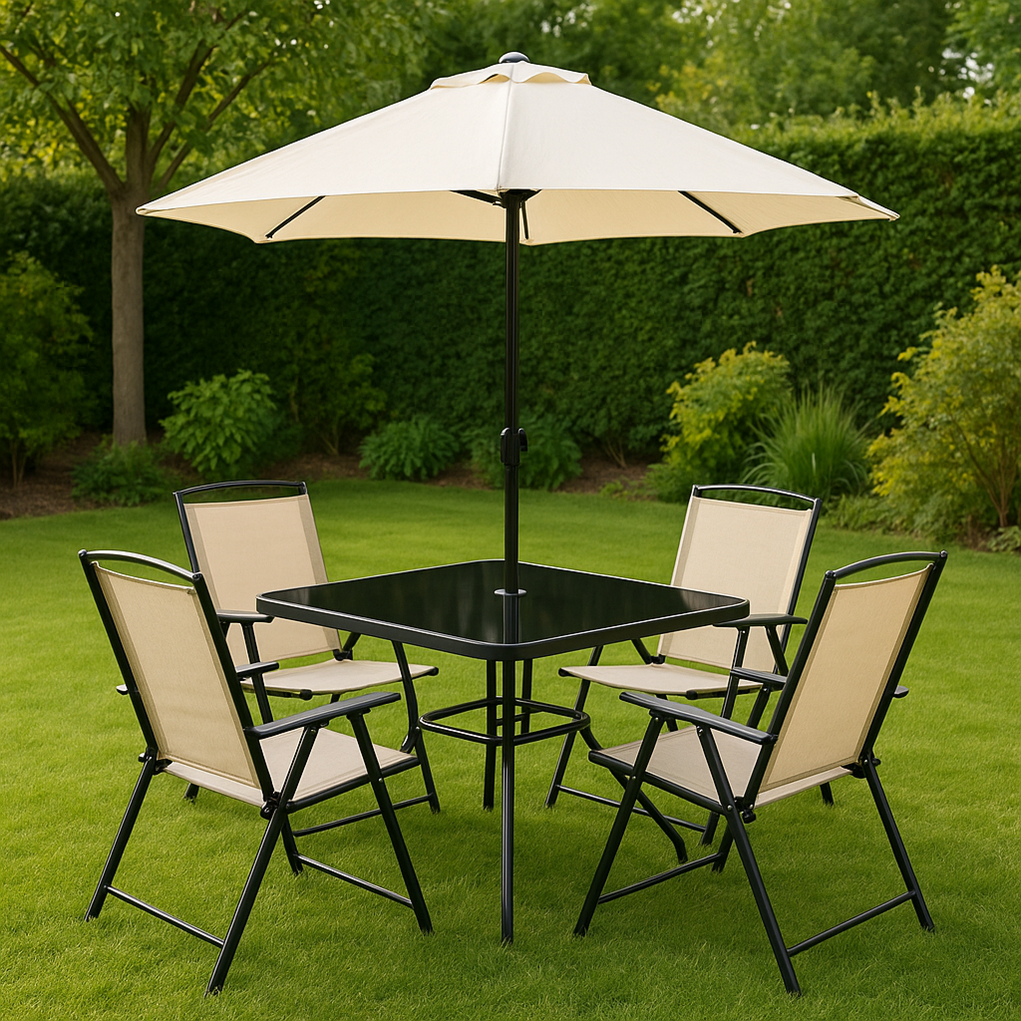 Gartenmöbel-Set aus Metall und Textilene, bestehend aus 1 Tisch, 4 Stühlen mit Sonnenschirm, beige, dahovSU433BB