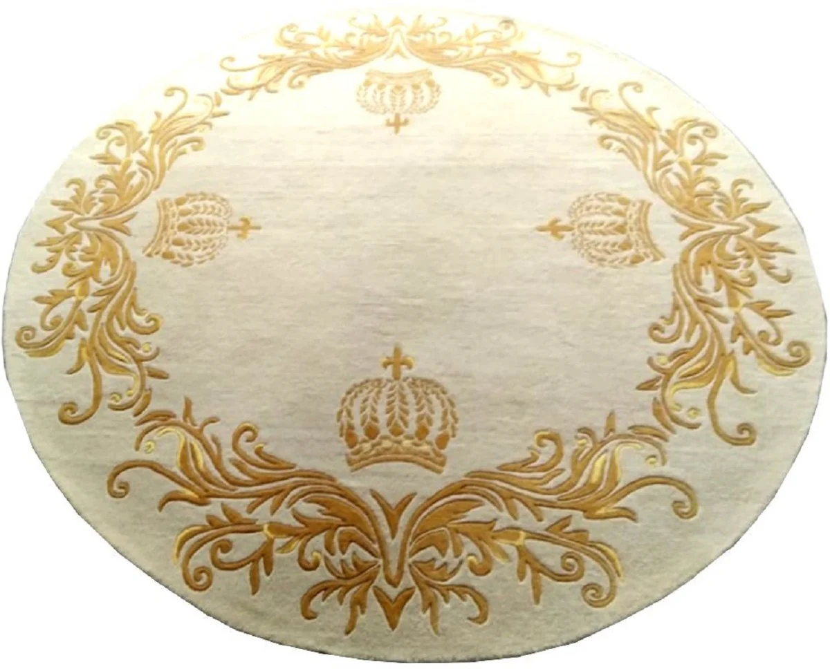 Pompöös by Luxury Carpet by Harald Glööckler Crown Cream / Gold Ø 260 cm - Round Baroque Design Carpet - Handwoven from wool