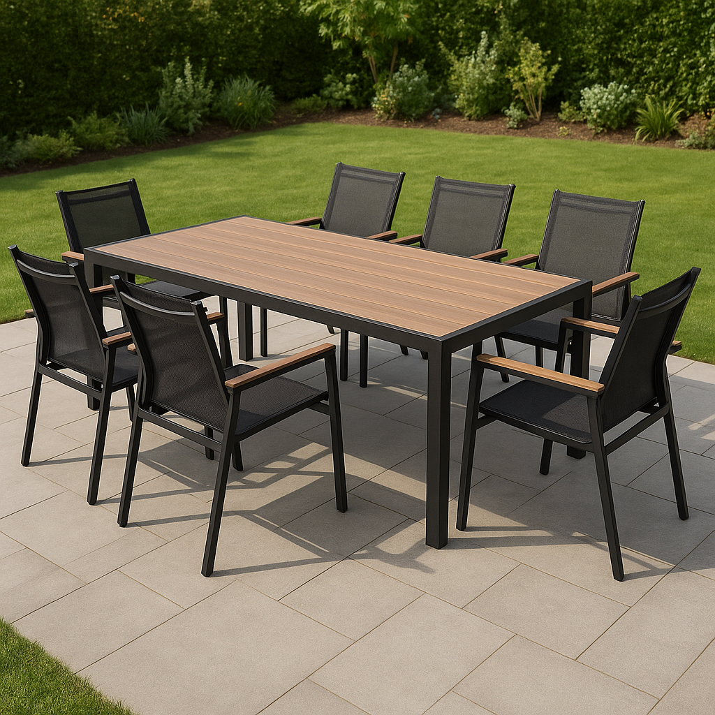 Essgruppe mit Tisch und Stühlen, schwarz/Holz, Stahl, Textilene, Outdoor, 190 x 80 x 73 cm