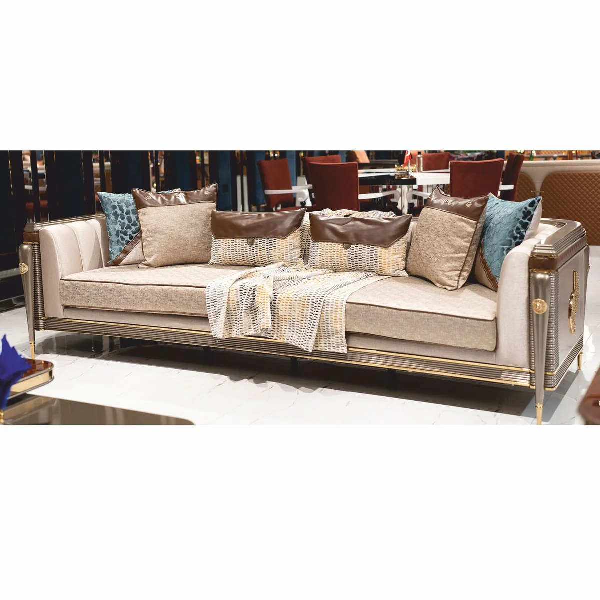 Luxus Sofa Grau / Braun / Gold 280 cm - Wohnzimmer & Hotel Möbel