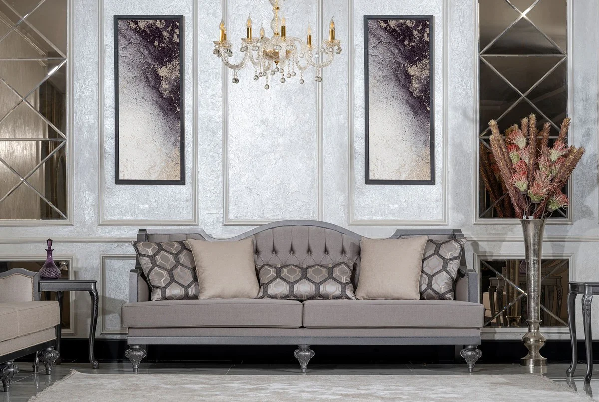 Luxury Baroque Living Room Sofa Gray / Gray - Handmade Baroque Style Sofa with Decorative Pillows - Luxury Living Room Furniture in Baroque Style - Baroque Furniture