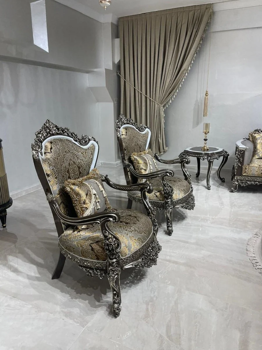 Luxury Baroque Living Room Set Silver / Gold / White / Black / Silver - 2 Baroque Sofas & 2 Baroque Armchairs & 1 Baroque Coffee Table - Luxury Living Room Furniture in Baroque Style - Baroque Furniture