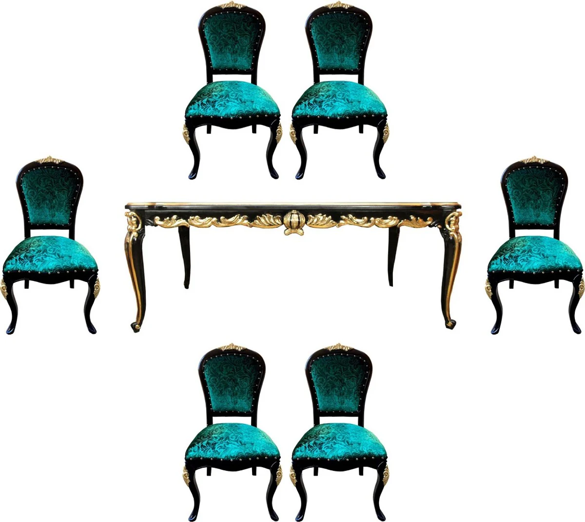 Pompöös by Baroque luxury dining room set green / black / gold - Pompöös Baroque dining table with glass top and 6 Baroque dining room chairs designed by Harald Glööckler - Baroque furniture