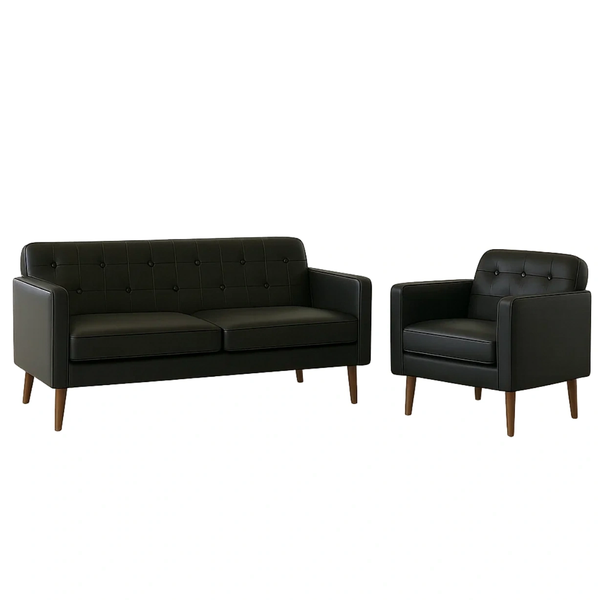 Sofagarnitur, 2-Sitzer-Sofa und Sessel, Holzrahmen, Schaumstoffpolsterung, Kunstlederbezug, schwarz, für das Wohnzimmer, 2-Sitzer-Sofa 180 x 75 x 80 cm, Sessel 85 x 75 x 80 cm - eWS6WIX8XwSr