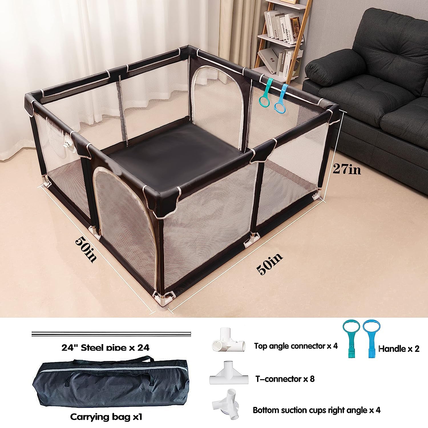 Baby-Laufstall, 127 x 127 cm, Pack N Play, Laufstall, Babygitter, Kinderaktivitätscenter, Laufstall für Babys und Kleinkinder, für drinnen und draußen (schwarz)