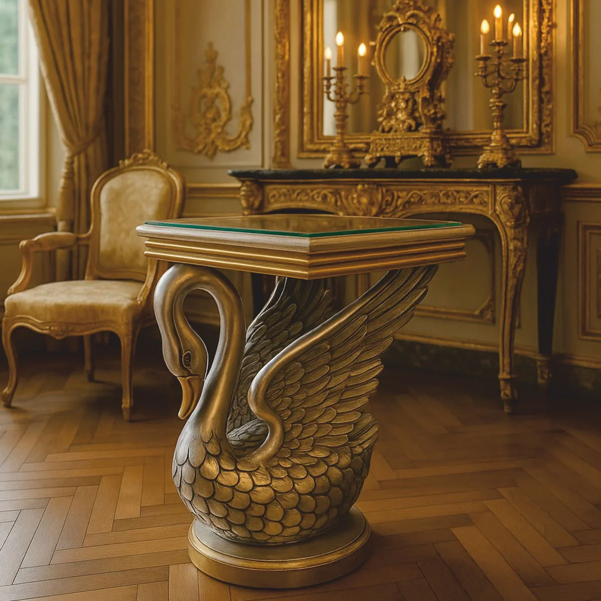 Baroque side table swan with glass top silver / gold H. 78 cm - Baroque Interior