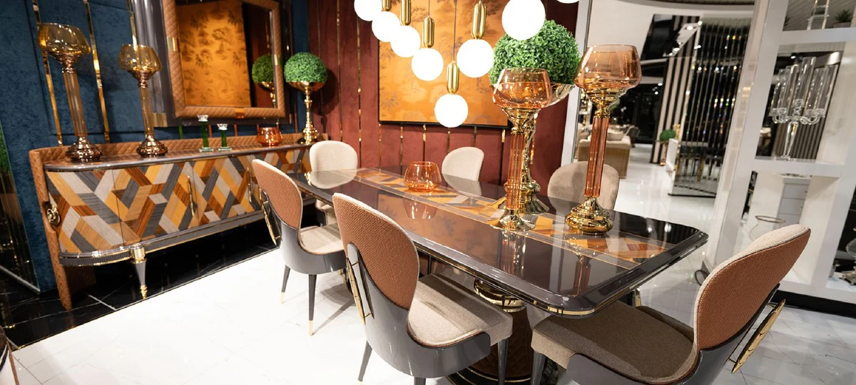 Luxury Art Deco Dining Table Gray / Multicolor / Brown / Gold - Luxury Art Deco Solid Wood Kitchen Table - Luxury Art Deco Dining Room Furniture