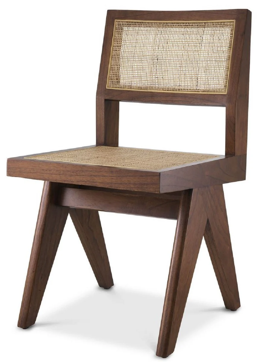 Luxury dining room chair brown / natural colors 44 x 54 x H. 85.5 cm - solid wood chair with rattan weave - luxury dining room furniture