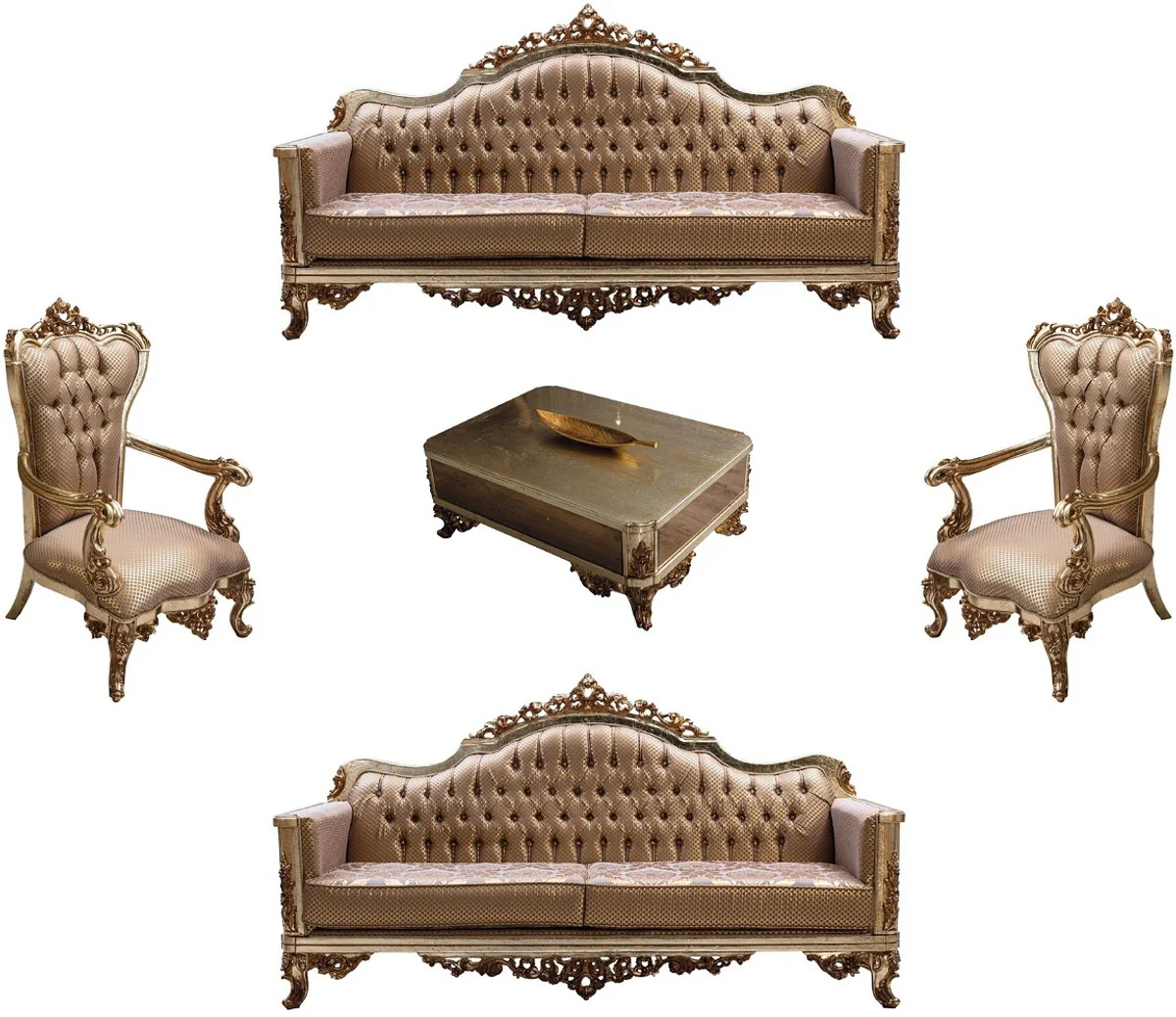 Luxus Barock Wohnzimmer Set Kupfer / Antik Silber / Gold - 2 Barock Sofas & 2 Barock Sessel & 1 Barock Couchtisch - Luxus Wohnzimmer Möbel im Barockstil - Barock Möbel
