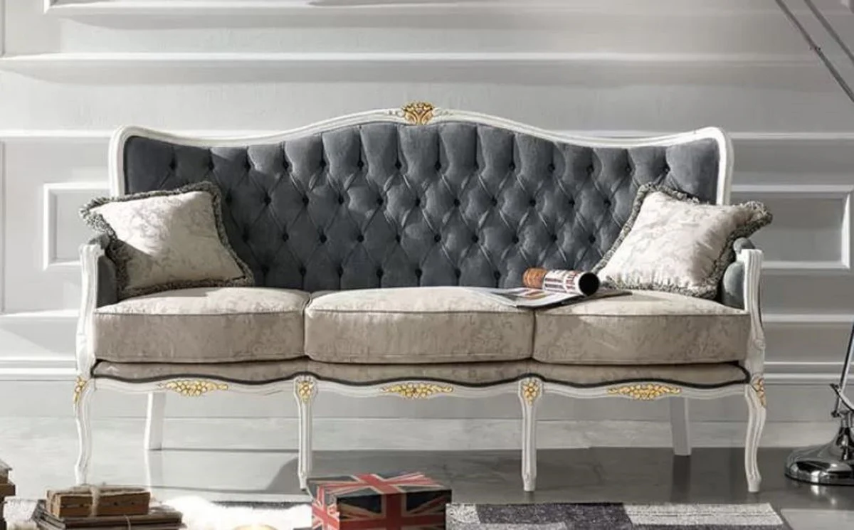 Luxury Baroque Sofa Gray / Light Gray / White / Gold - Elegant living room sofa with elegant pattern and 2 decorative pillows - Baroque furniture - Luxury quality - Made in Italy