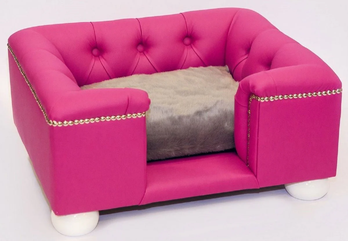 Luxury Chesterfield leather dog bed pink / white / gray 80 x 65 x H. 37 cm - Rectangular genuine leather dog bed - Chesterfield animal furniture - Luxury animal furniture - Leather animal furniture - Dog furniture