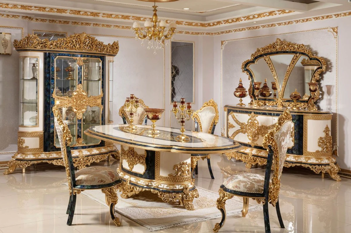 Luxury Baroque Dining Room Chair Set Multicolored / Blue / Gold - Handmade Kitchen Chairs Set of 6 with Elegant Pattern - Baroque Dining Room Furniture - Noble & Magnificent