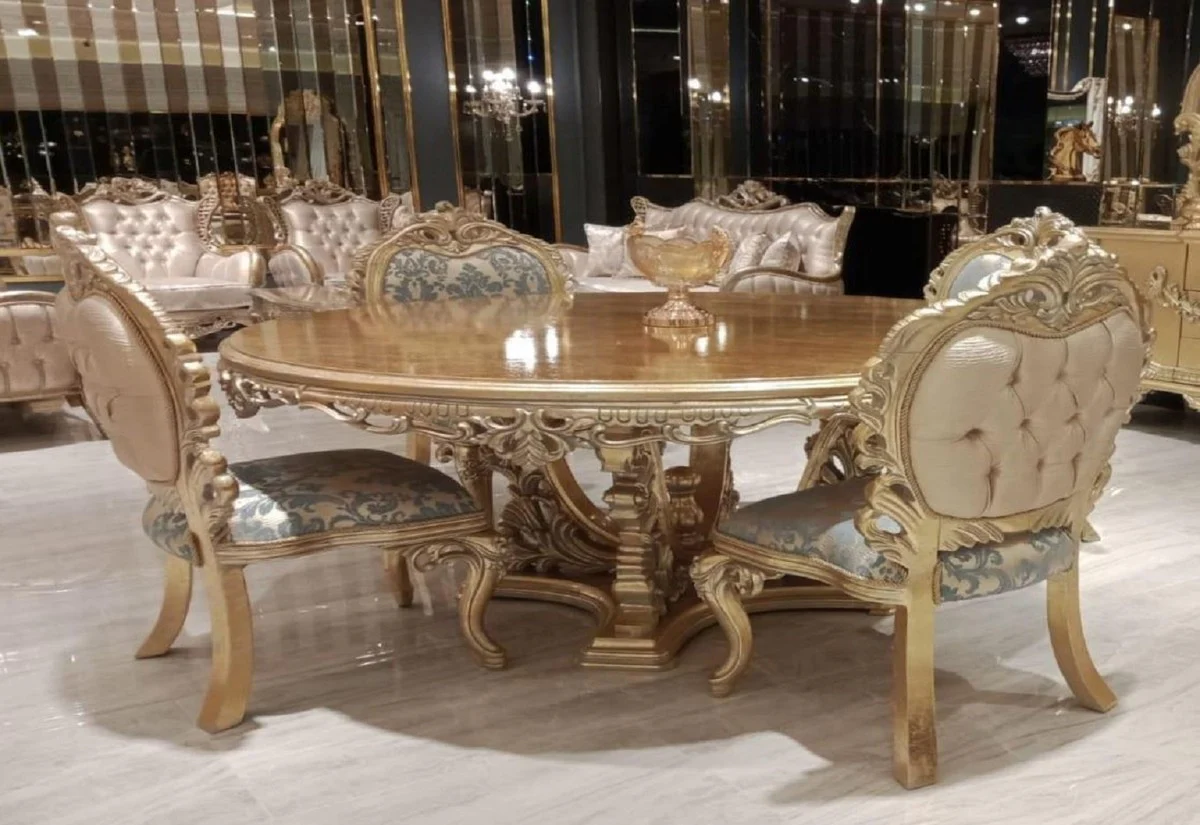 Luxury Baroque Dining Room Set Turquoise / Pink / Gold - 1 Baroque Dining Table & 4 Baroque Dining Chairs - Dining Room Furniture in Baroque Style - Noble & Magnificent