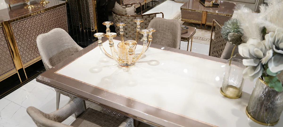 Luxury Dining Room Set White / Gray / Gold - 1 Luxury Dining Table & 6 Luxury Dining Chairs - Luxury Dining Room Furniture
