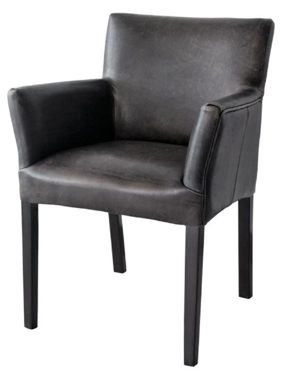 Luxury leather dining chair vintage black / black 64 x 61 x H. 85 cm - genuine leather kitchen chair with armrests - dining room furniture